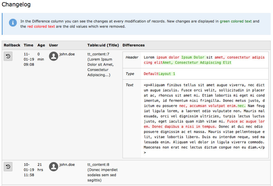 Screenshot of TYPO3's changelog with example log and text changes highlighted in red and green.