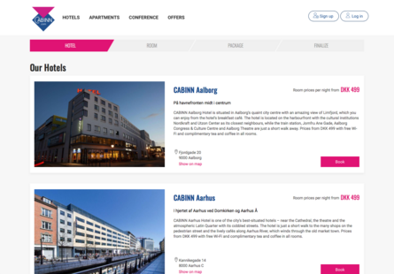 Screenshot showing hotel search results including images, descriptions, and booking buttons.