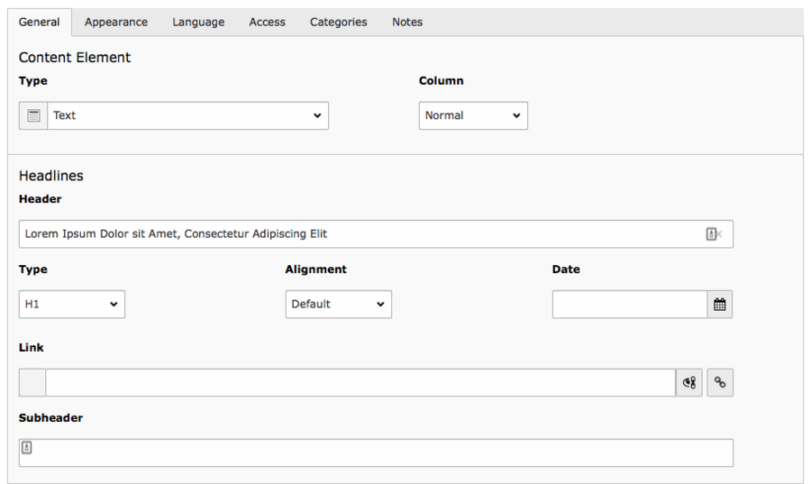 Screenshot of TYPO3 content element form with many fields visible.