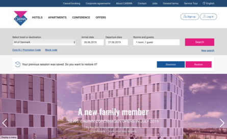Screenshot displaying a hotel website asking to resume session or not.