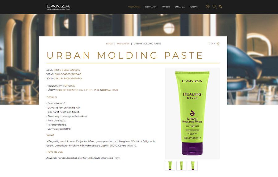 Example page from lanza.se Web page showing a green tube of Urban Molding Paste.