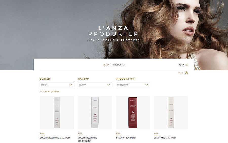 Example page from lanza.se Website with product listing. Image of woman above it.