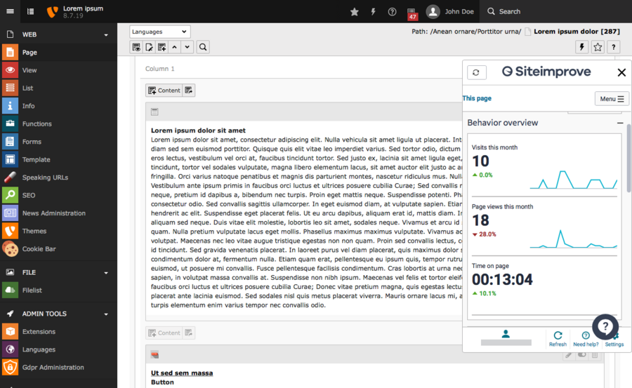 The TYPO3 backend showing a drawer with Siteimprove's information on the right.