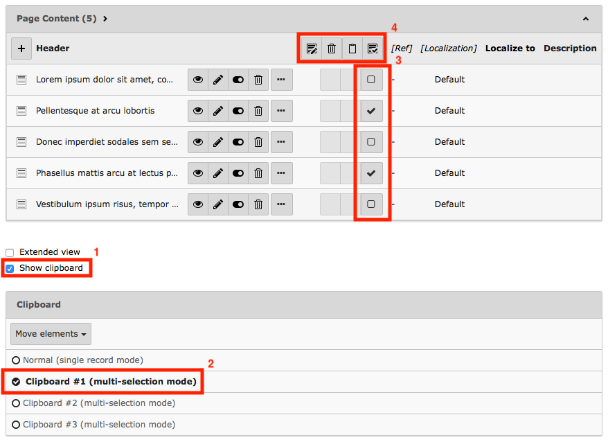 Using the multiselect-clipboard, you can work with multiple records at once. Screenshot of TYPO3's List module with checkboxes next to each content element record.